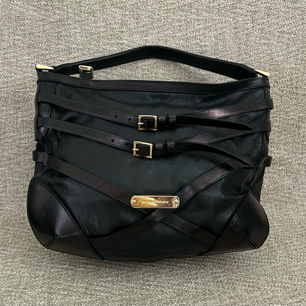 😍 AUTHENTIC BURBERRY Black Leather Bridle Dutton Hobo Bag